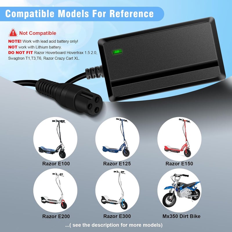 KAVCENT 24V Charger for Electric Scooter Razor MX350 Electric Scooter Dirt Bike E100 E175 E200 E200S E300 E300S E500 Pocket Mod, Sports Mod and Dirt Quad - Image 3